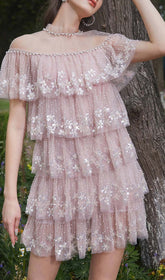 Tiered Lace Trim Midi Dress In Pink