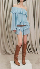 Tiered Off-Shoulder Two Piece Set In Blue