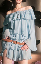 Tiered Off-Shoulder Two Piece Set In Blue
