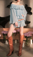 Tiered Off-Shoulder Two Piece Set In Blue