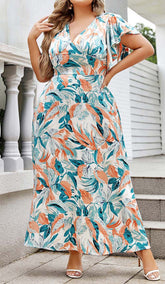 Tropical Print Butterfly Sleeve Midi Dress In MULTI Color