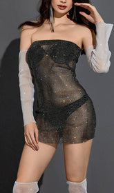 Strapless Mesh Diamond Mini Dress In Black