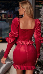 Velvet Puff Sleeve Mini Dress In Wine Red