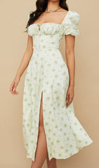 Vintage Floral Puff Sleeve Midi Dress In White