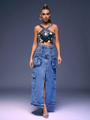 Pocket Split Denim Skirt In Blue