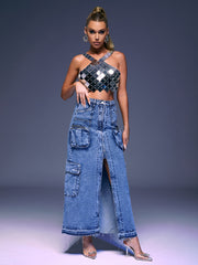Pocket Split Denim Skirt In Blue