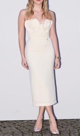 Waist-Tightening Pearl Midi Dress In White
