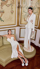 Waist-Tightening Pearl Midi Dress In White