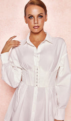 White CInCHED Waist Shirt Dress