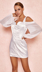White Corset Dress With Blouson Sleeves