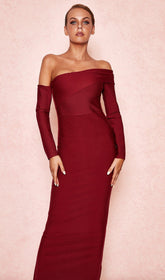 Wine Draped Shoulder Maxi Bandage Dress