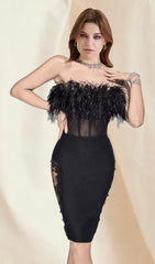 Black FeaTher Midi Bandage Dress