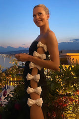 White Bows High Slit Bandage Dress