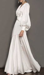 White Deep V Lantern Long Sleeve A-LIne Dress