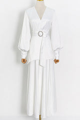 White Deep V Lantern Long Sleeve A-LIne Dress