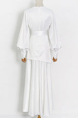 White Deep V Lantern Long Sleeve A-LIne Dress