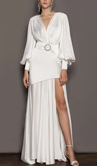 White Deep V Lantern Long Sleeve A-LIne Dress