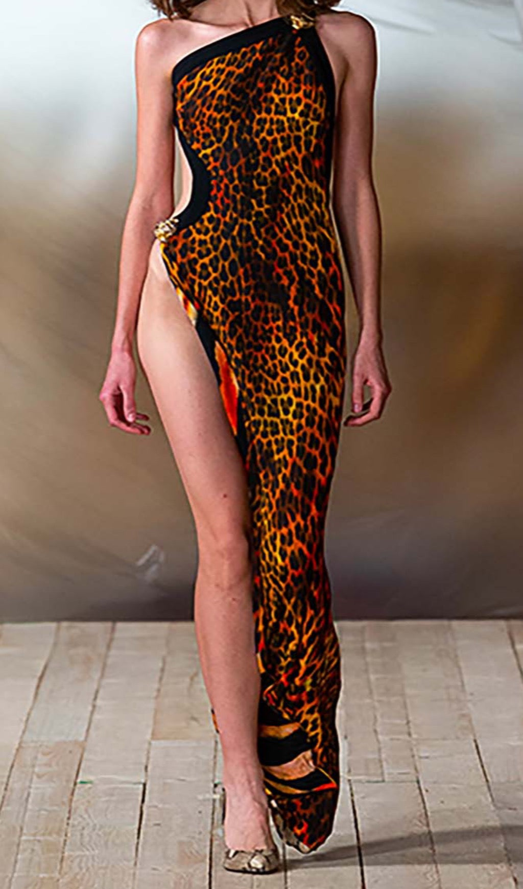 Leopard One Shoulder Slit Maxi Dress