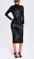 Zebra-PATTeRN Long-Sleeved Midi Dress In Black