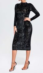 Zebra-PATTeRN Long-Sleeved Midi Dress In Black