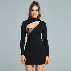High Neck AsymmetricAL Mini Bodycon Dress