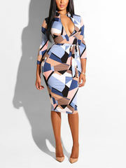 Zipper Front Geometric Print Midi Dress