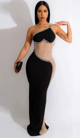 Asymmetric Crystal Heart Midi Dress In Black