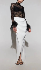 Spliced Lace FeaTher Slit Dress In Black And White