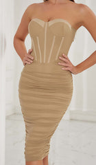 Bandeau Ruched Corset Midi Dress In Brown