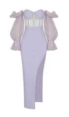 Off Shoulder Slit Midi Dress In Purple
