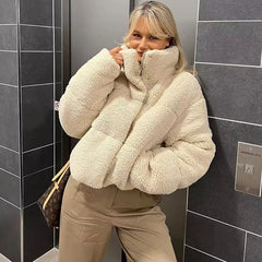 Zipped Drop Shoulder Long Sleeve Stand Collar Cropped Puffer Coat - Beige