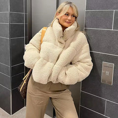 Zipped Drop Shoulder Long Sleeve Stand Collar Cropped Puffer Coat - Beige