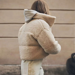 Zipped Drop Shoulder Long Sleeve Stand Collar Cropped Puffer Coat - Beige