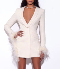 Pearl White FeaTher Trim Blazer Dress