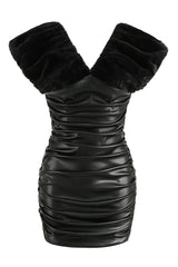 Black Ruched Shawl LeaTher Coat Dress