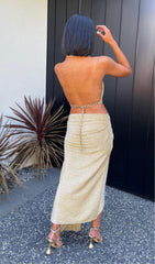 Champagne Halter Cutout Chain Draped Maxi Dress