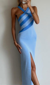 Blue Sloping Shoulder Midi Bandage Dress