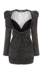 Lace V Neck Long Sleeve Mini Dress In Black