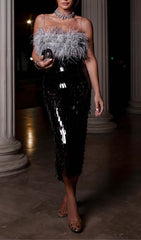 FeaTher Top Sequin Midi Dress In Black