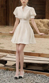 FlAred PuffY Sleeved Lace Mini Dress In White