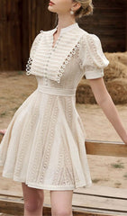 FlAred PuffY Sleeved Lace Mini Dress In White