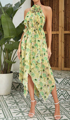 Floral Print Hem Halter Dress In Green