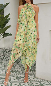 Floral Print Hem Halter Dress In Green