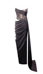 Corset Satin Pleated Maxi Dress In Black