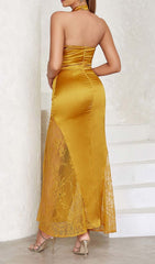 Halter Lace Satin Maxi Dress In MUSTARD