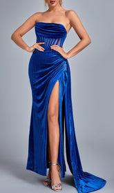 Blue Corset Velvet Slit Maxi Dress