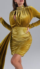 BRInLEY Blue Velvet DraPE Dress - Gold