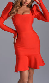 Red Puff Sleeve Mini Bandage Dress