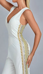 White V Neck Embroidery Jumpsuit