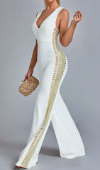 White V Neck Embroidery Jumpsuit
